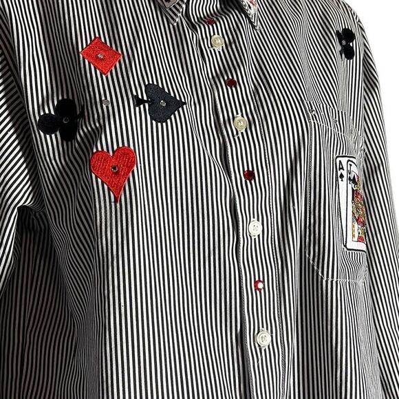 Get Lucky Womens Button Down Shirt Striped Small Embroidered Cards Black Small - Picture 2 of 15